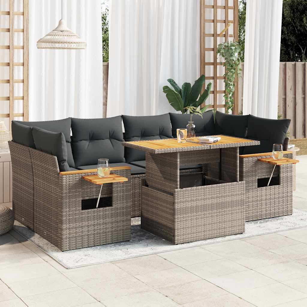 7 Pcs conjunto sofás jardim almofadões vime PE/acácia cinzento