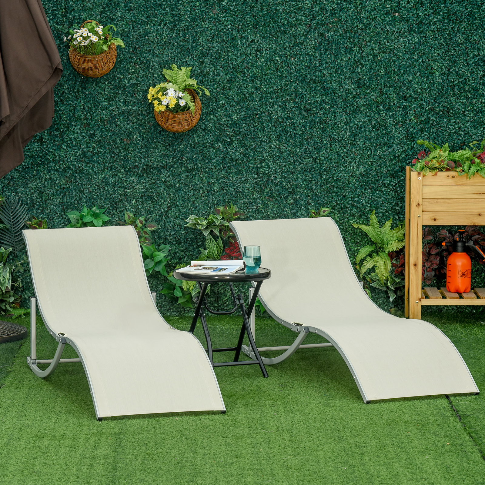2 Espreguiçadeiras ergonômicas dobráveis ​​em forma de s com estrutura de alumínio textilene para jardim e varanda 165x61x63 cm bege