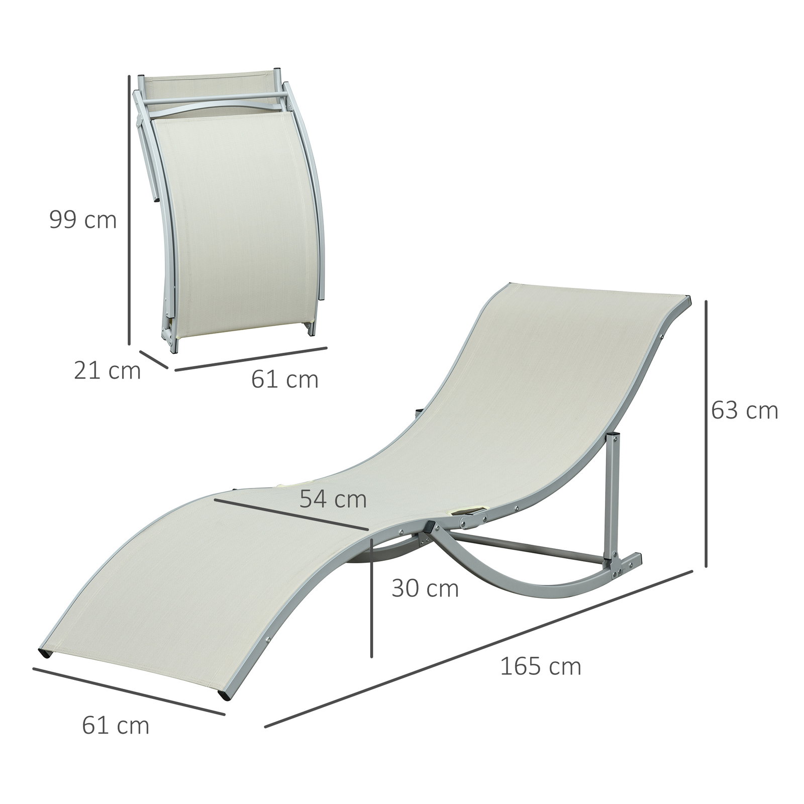 2 Espreguiçadeiras ergonômicas dobráveis ​​em forma de s com estrutura de alumínio textilene para jardim e varanda 165x61x63 cm bege