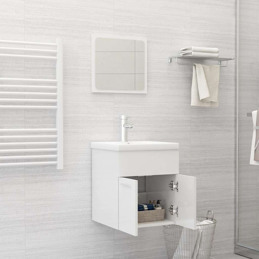 2 Pcs conj. móveis casa de banho contraplacado branco brilhante
