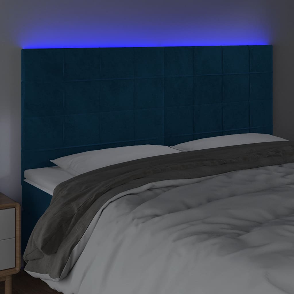 Cabeceira cama c/ luzes LED veludo 180x5x118/128cm azul-escuro
