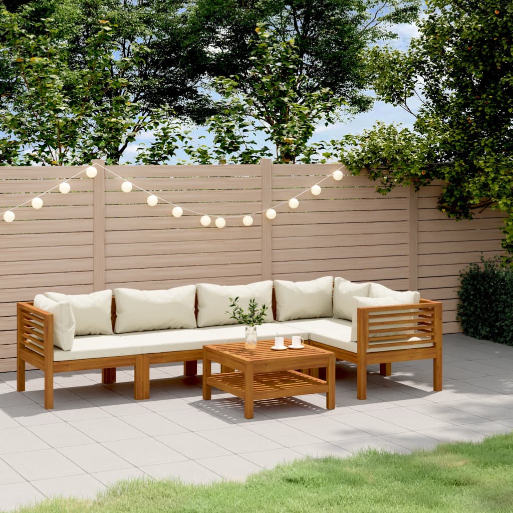 6 Pcs conjunto lounge jardim c/ almofadões creme acácia maciça
