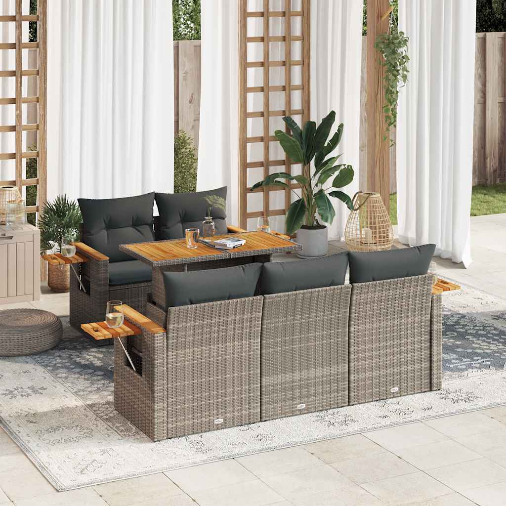 6 Pcs conjunto sofás jardim com almofadões PE/acácia cinzento