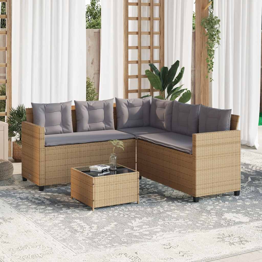 Sofá de jardim forma de l c/ mesa e almofadões vime PE bege