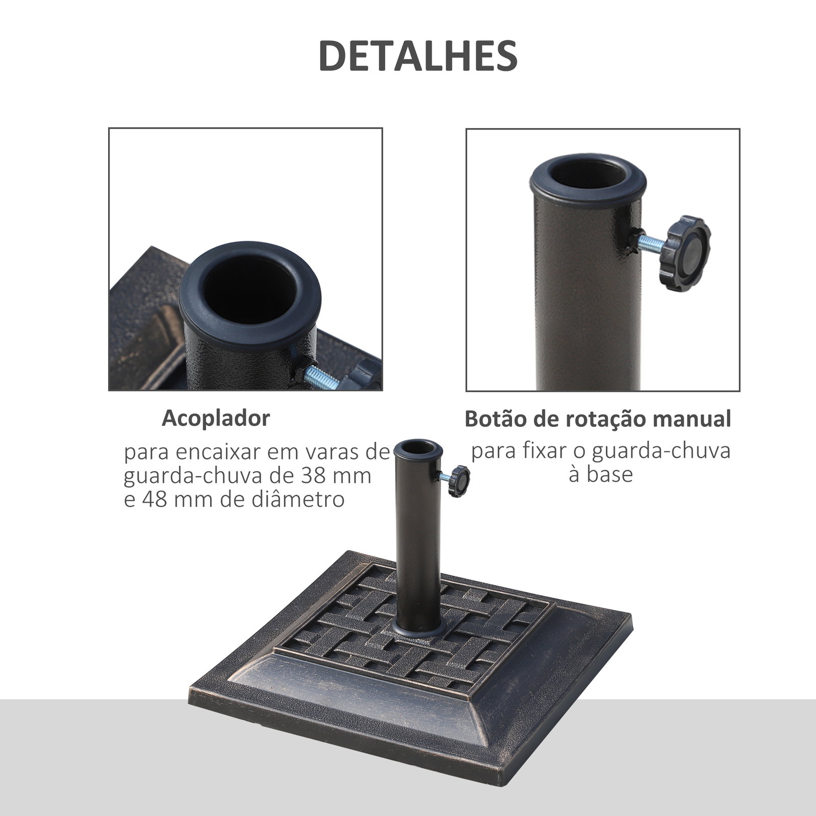 Base para Chapéu de Sol Suporte para Chapéu de Sol Apto para Mastros de 38mm/48mm 44x44x32 cm Preto e Bronze