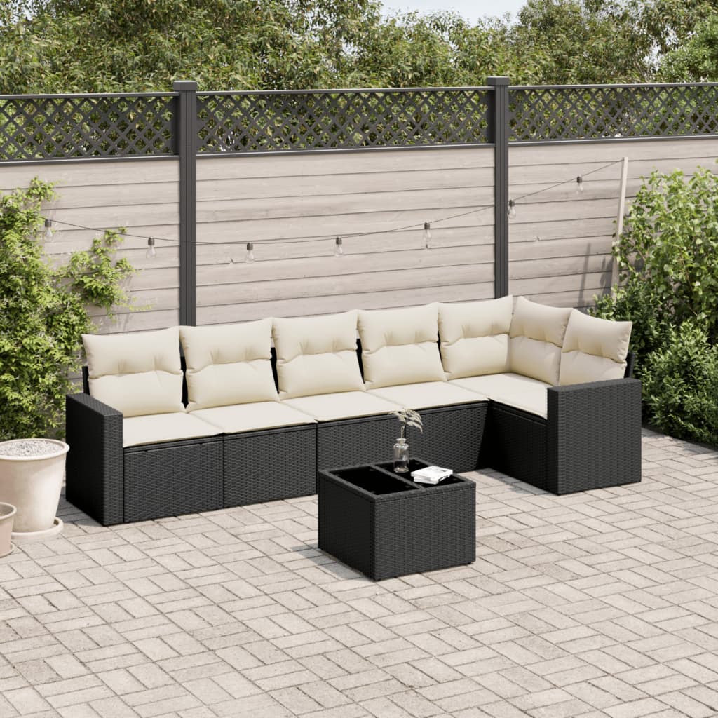 7 Pcs conjunto de sofás p/ jardim c/ almofadões vime PE preto