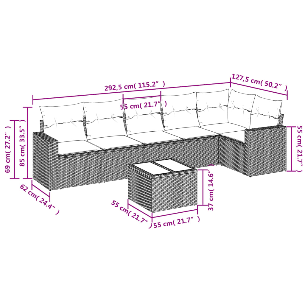 7 Pcs conjunto de sofás p/ jardim c/ almofadões vime PE preto