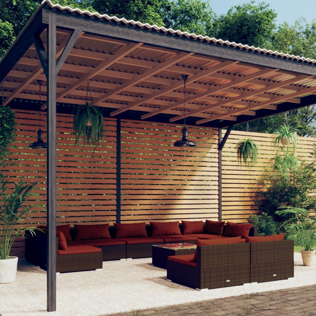 10 Pcs conjunto lounge jardim c/ almofadões vime PE castanho