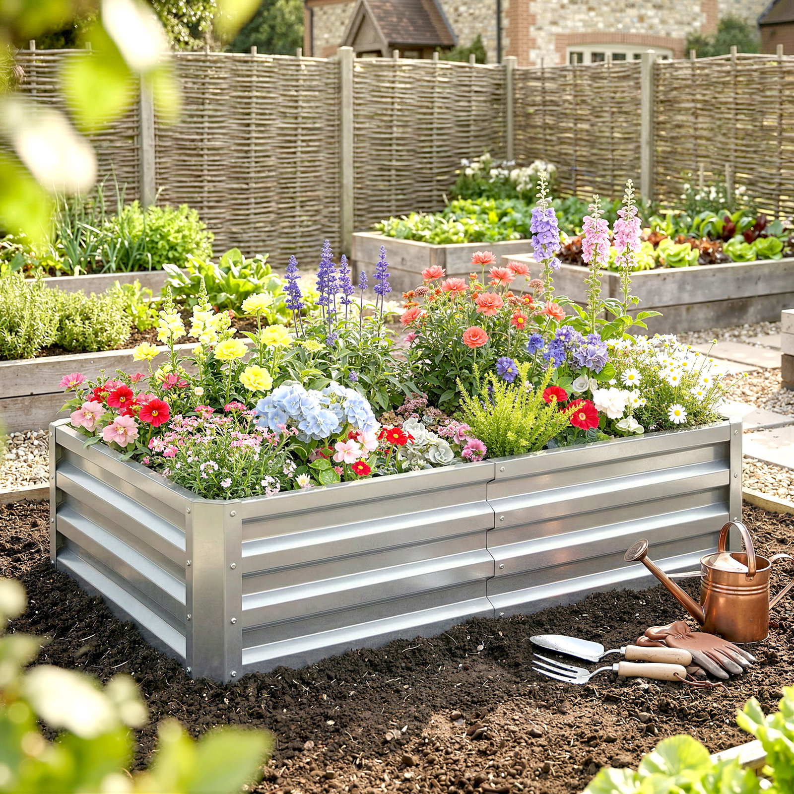 Caixa de plantio de aço galvanizado para cultivar plantas flores floreira exterior retangular com fundo aberto 120x60x30,5 cm prata