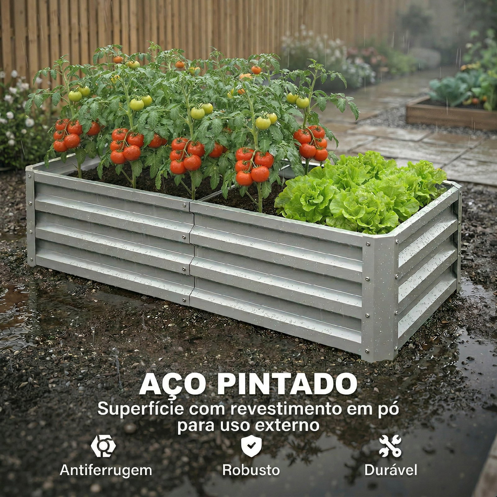 Caixa de plantio de aço galvanizado para cultivar plantas flores floreira exterior retangular com fundo aberto 120x60x30,5 cm prata