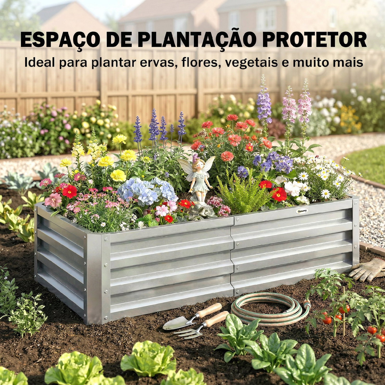 Caixa de plantio de aço galvanizado para cultivar plantas flores floreira exterior retangular com fundo aberto 120x60x30,5 cm prata