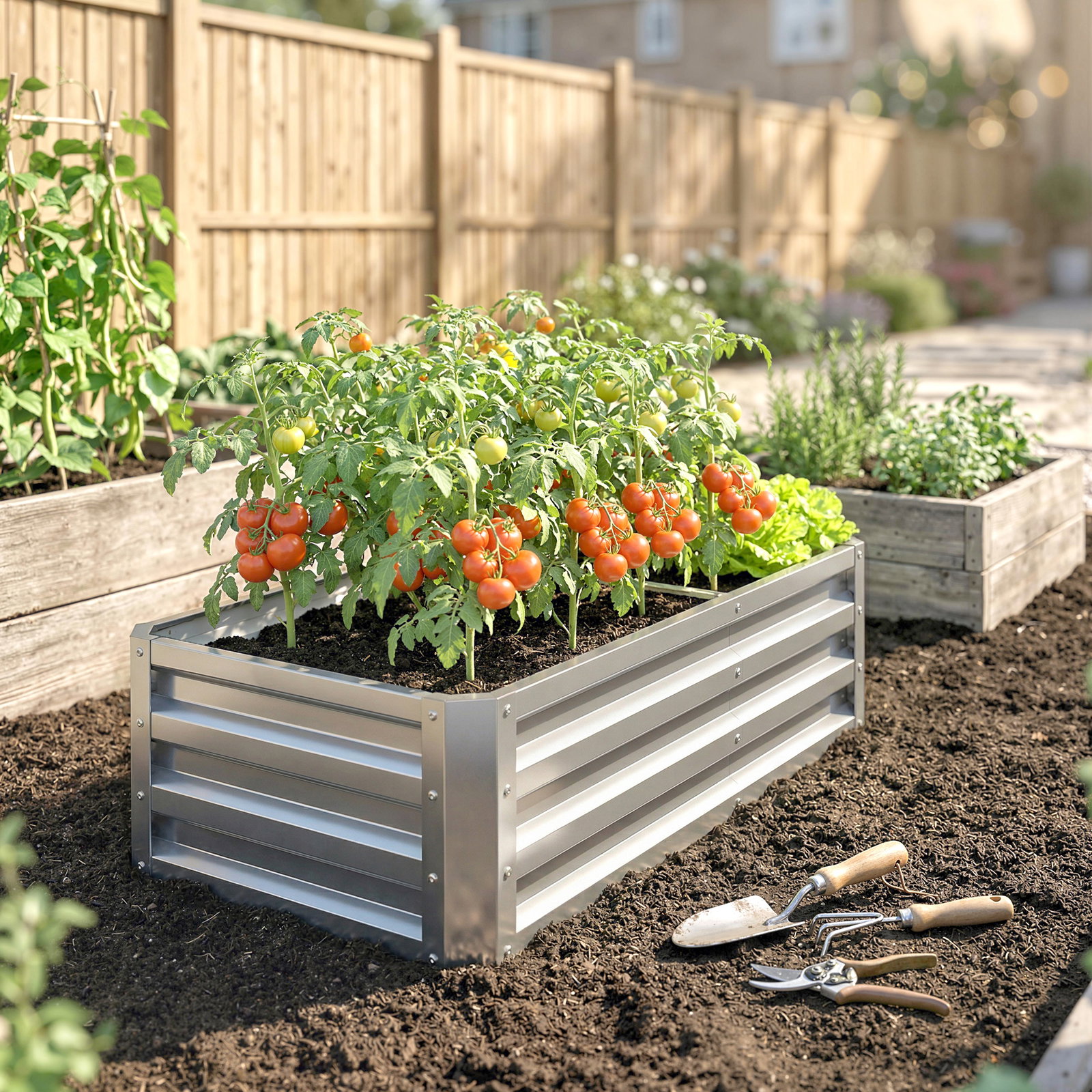 Caixa de plantio de aço galvanizado para cultivar plantas flores floreira exterior retangular com fundo aberto 120x60x30,5 cm prata