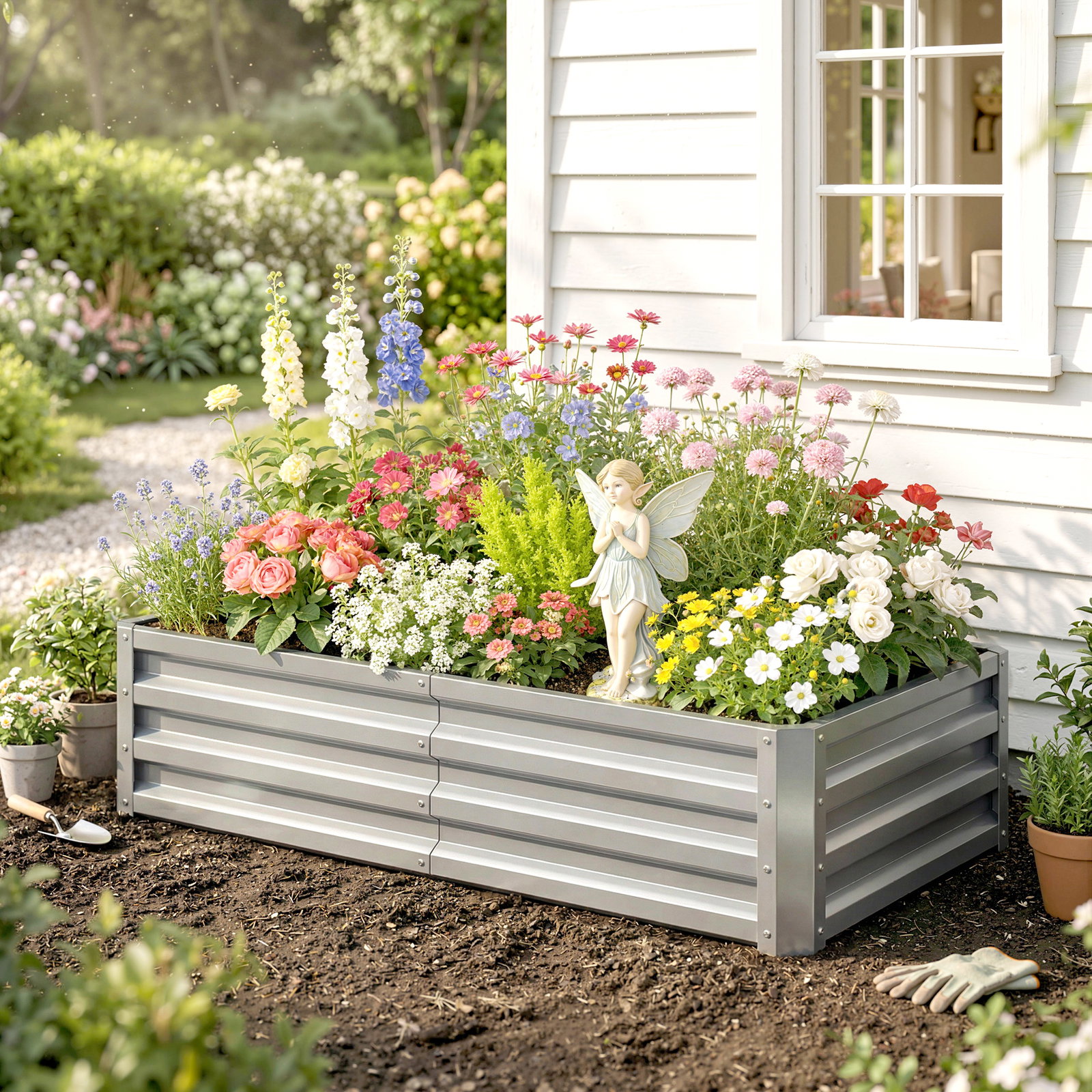 Caixa de plantio de aço galvanizado para cultivar plantas flores floreira exterior retangular com fundo aberto 120x60x30,5 cm prata