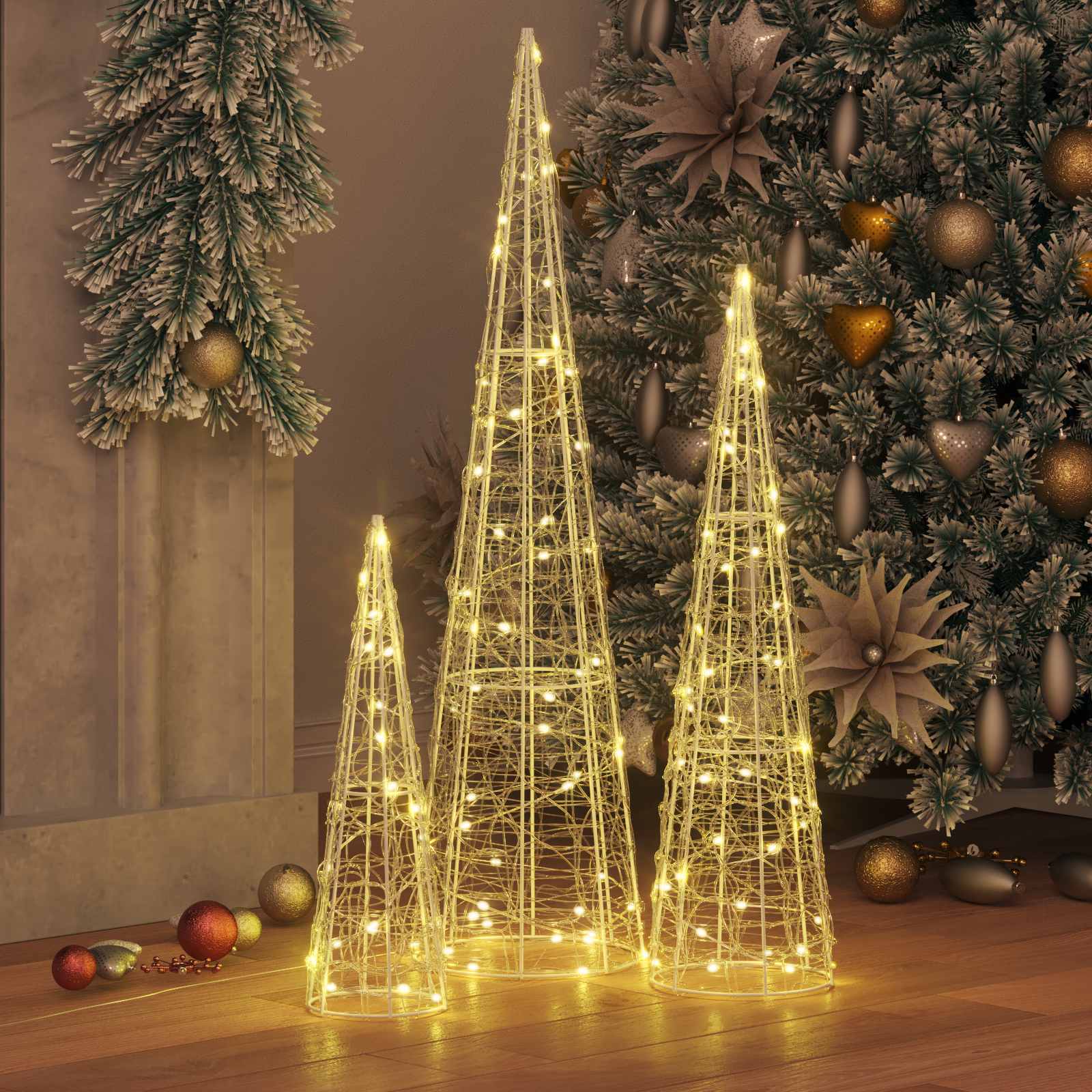 Árvore de natal 3 unid. branco quente 20 x 20 x 80 cm acrílo