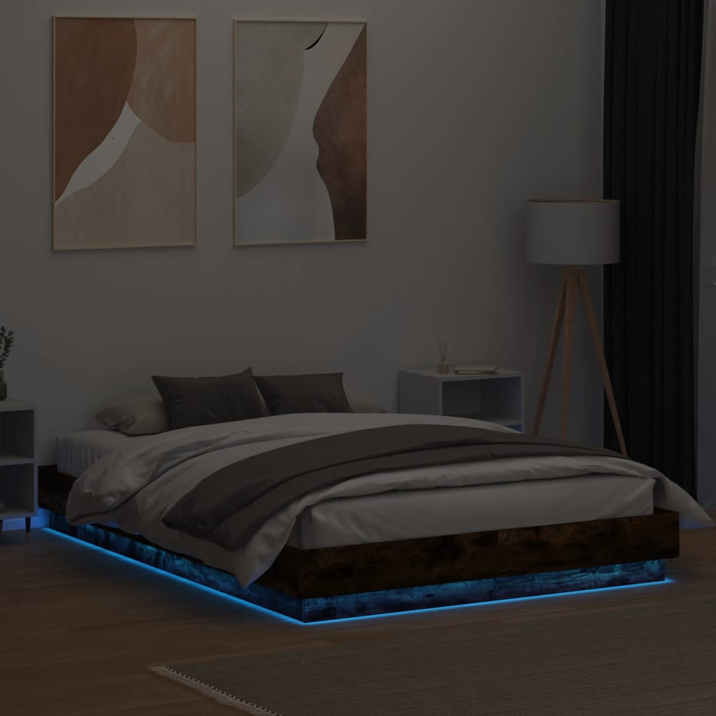 Estrutura de cama com luzes LED 140x200 cm carvalho fumado