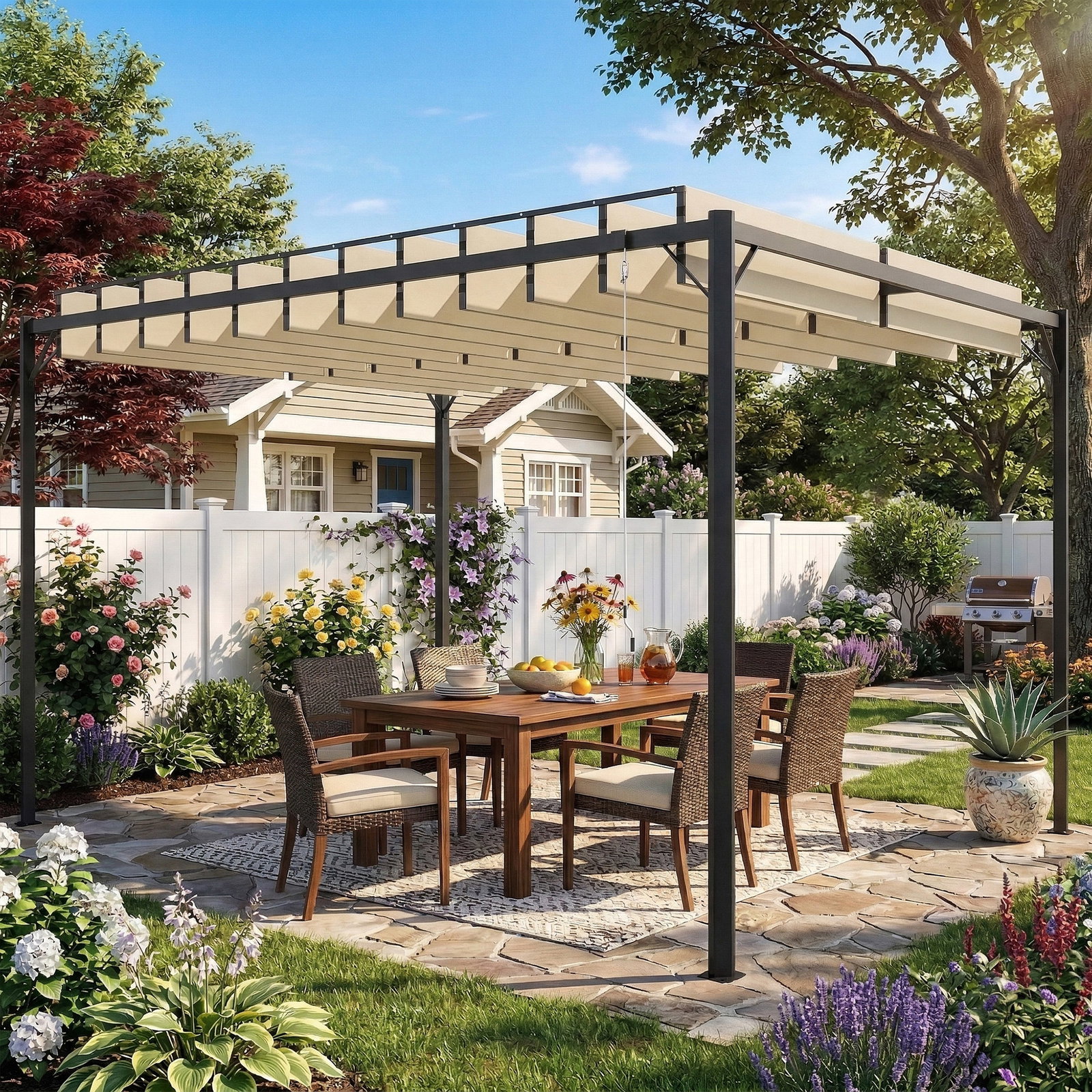 Pérgola de jardim 3x4 m com proteção upf50+ gazebo com teto ajustável estrutura de metal para exterior branco creme