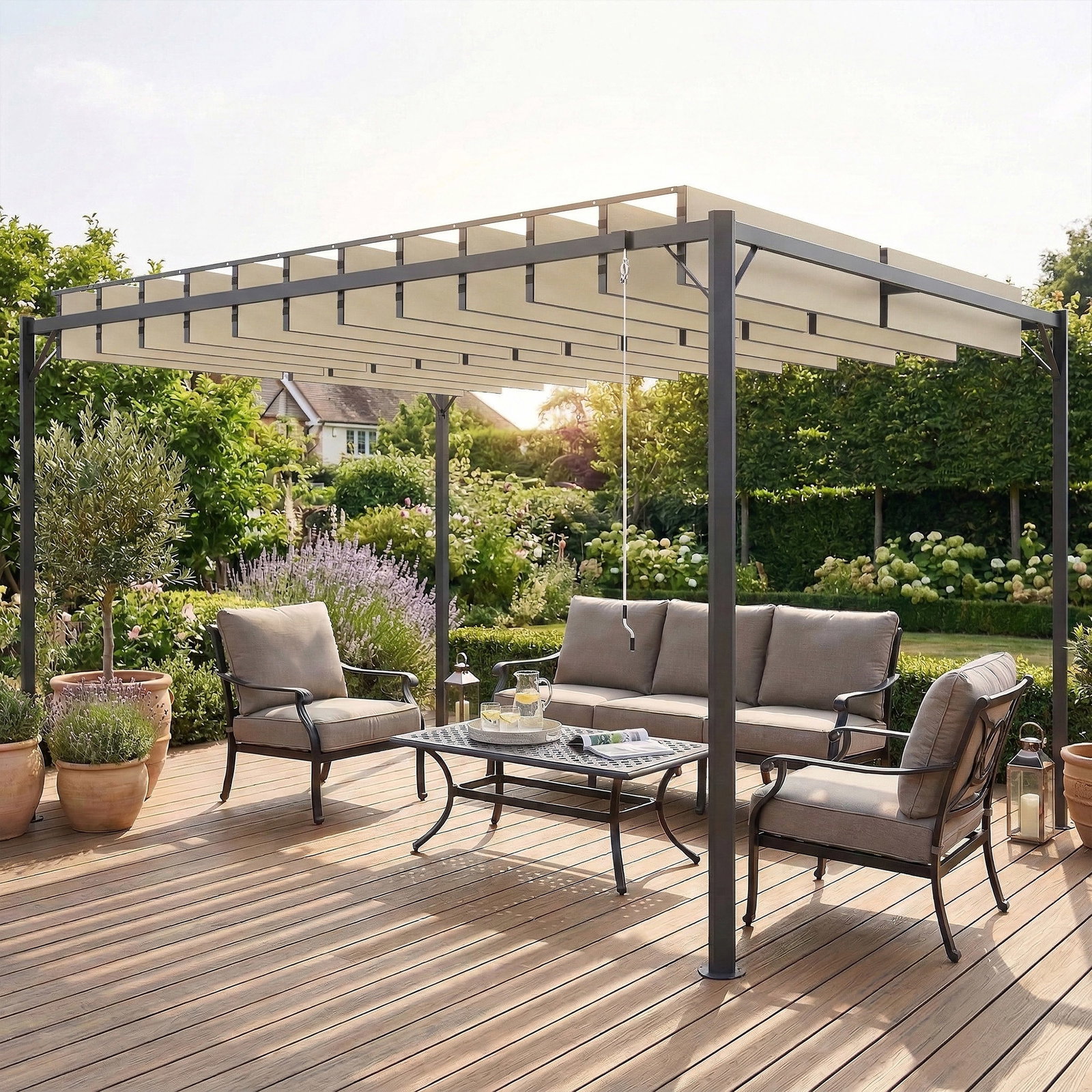 Pérgola de jardim 3x4 m com proteção upf50+ gazebo com teto ajustável estrutura de metal para exterior branco creme