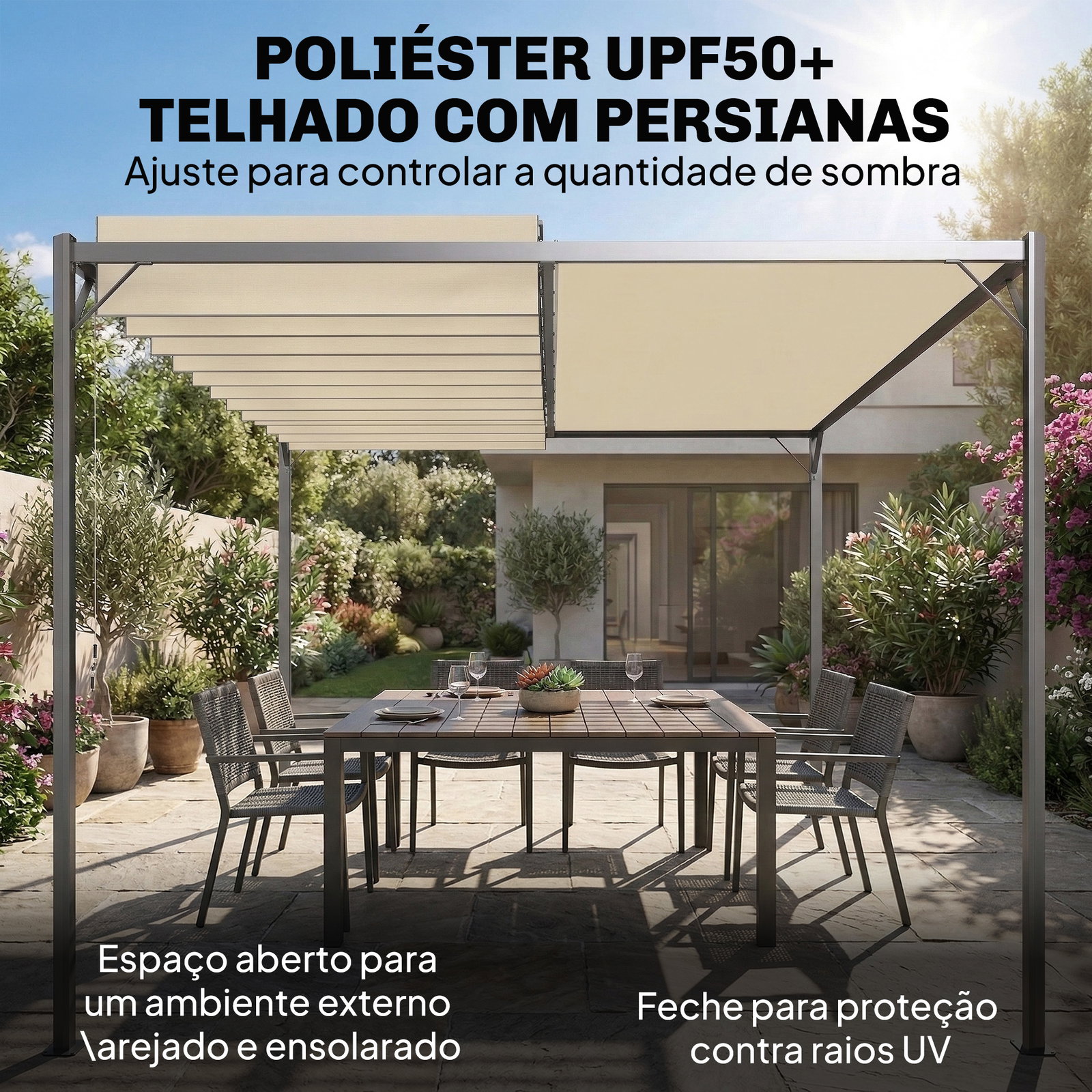 Pérgola de jardim 3x4 m com proteção upf50+ gazebo com teto ajustável estrutura de metal para exterior branco creme