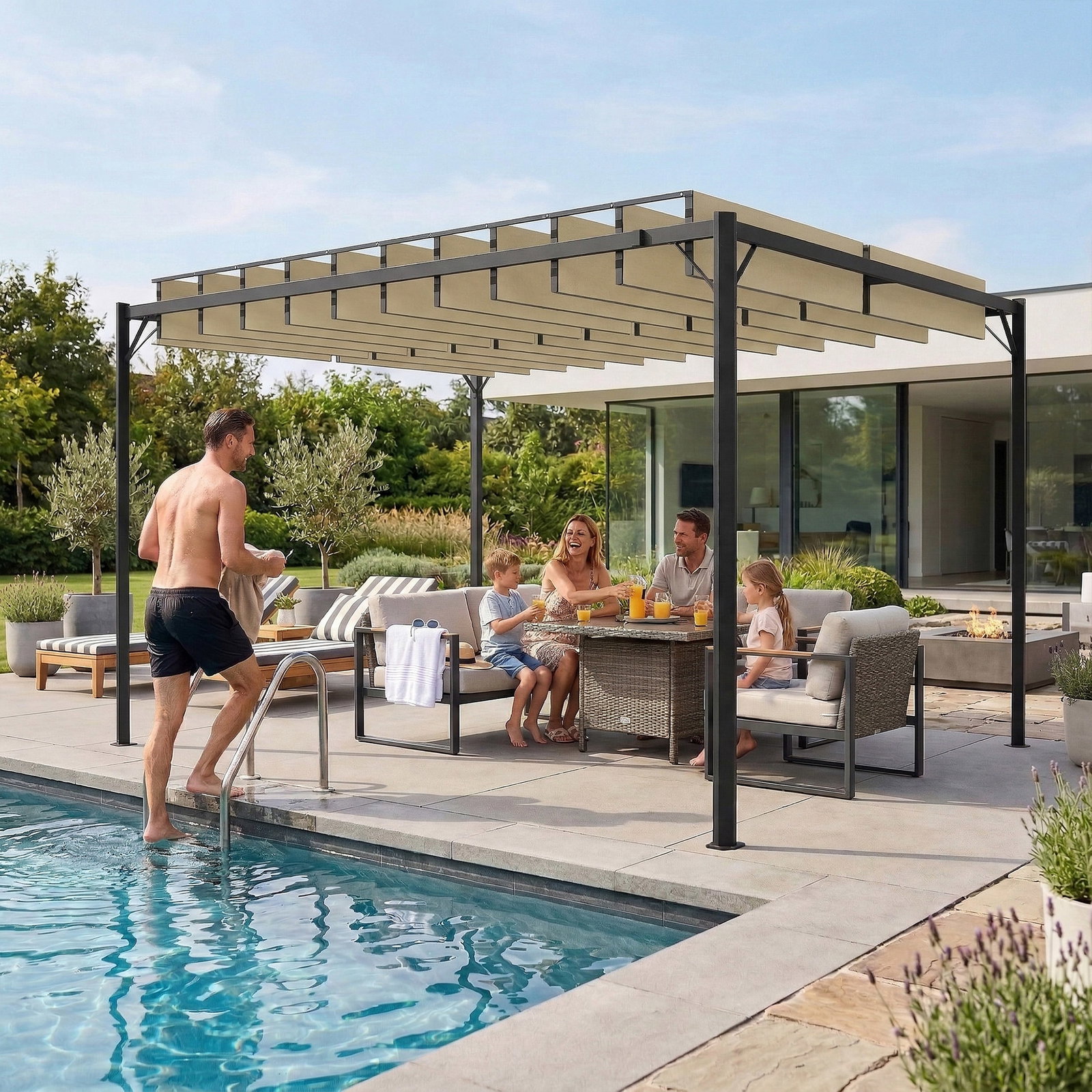 Pérgola de jardim 3x4 m com proteção upf50+ gazebo com teto ajustável estrutura de metal para exterior branco creme