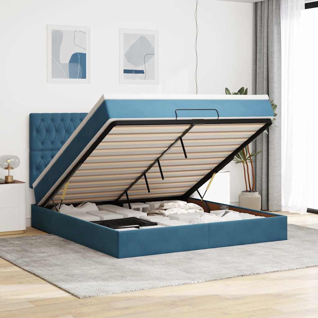 Estrutura de cama otomana com colchão azul escuro veludo
