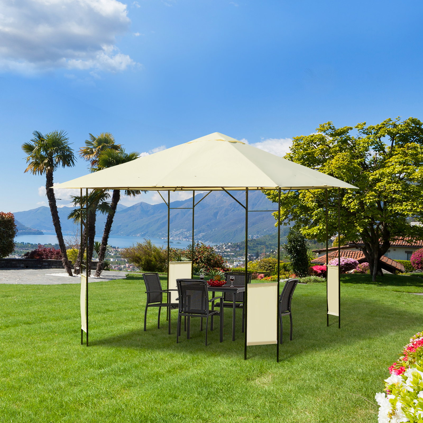 Pérgola de jardim 3x3x2,6m pérgola de exterior com estrutura de aço e toldo com proteção UV 300x300x260 cm creme