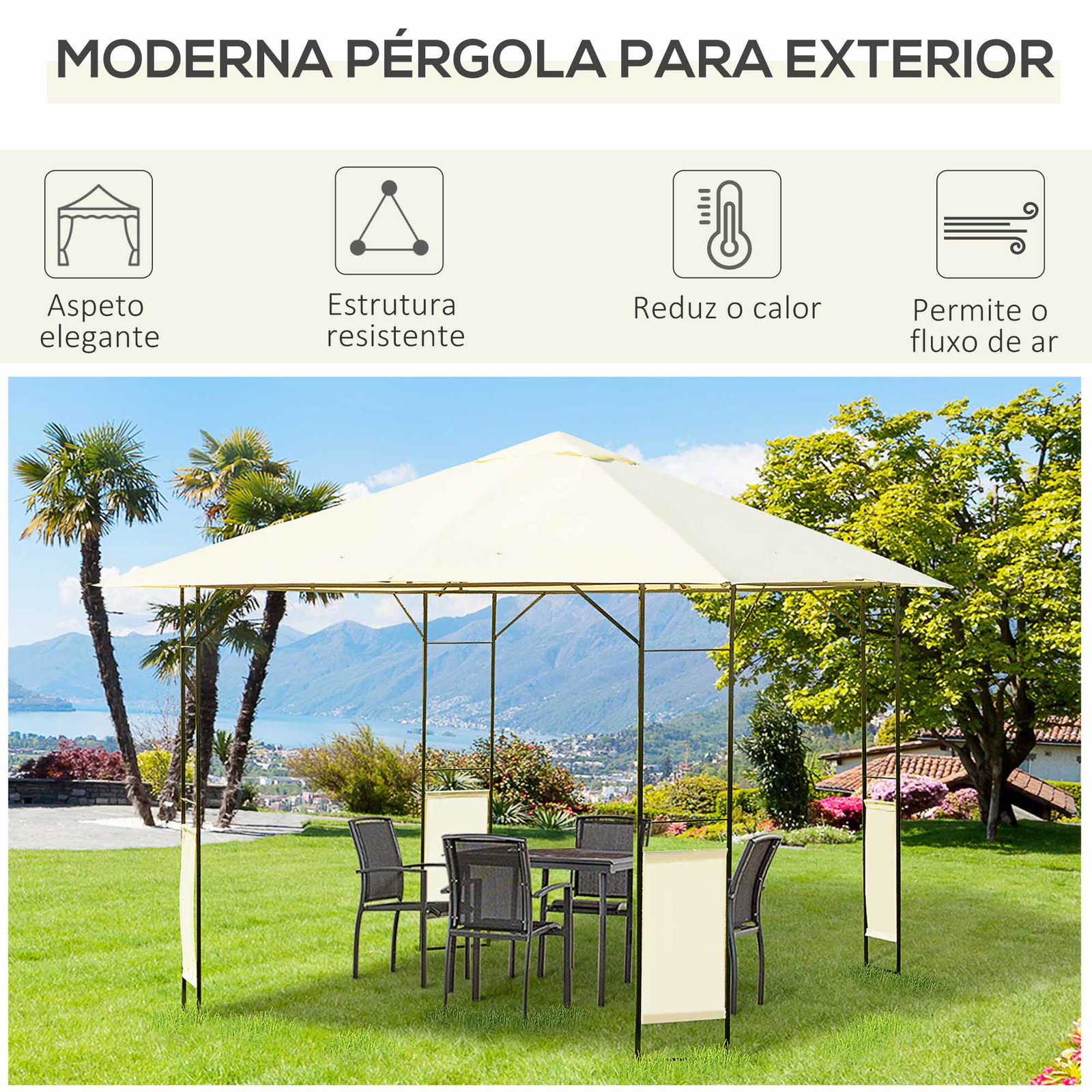 Pérgola de jardim 3x3x2,6m pérgola de exterior com estrutura de aço e toldo com proteção UV 300x300x260 cm creme
