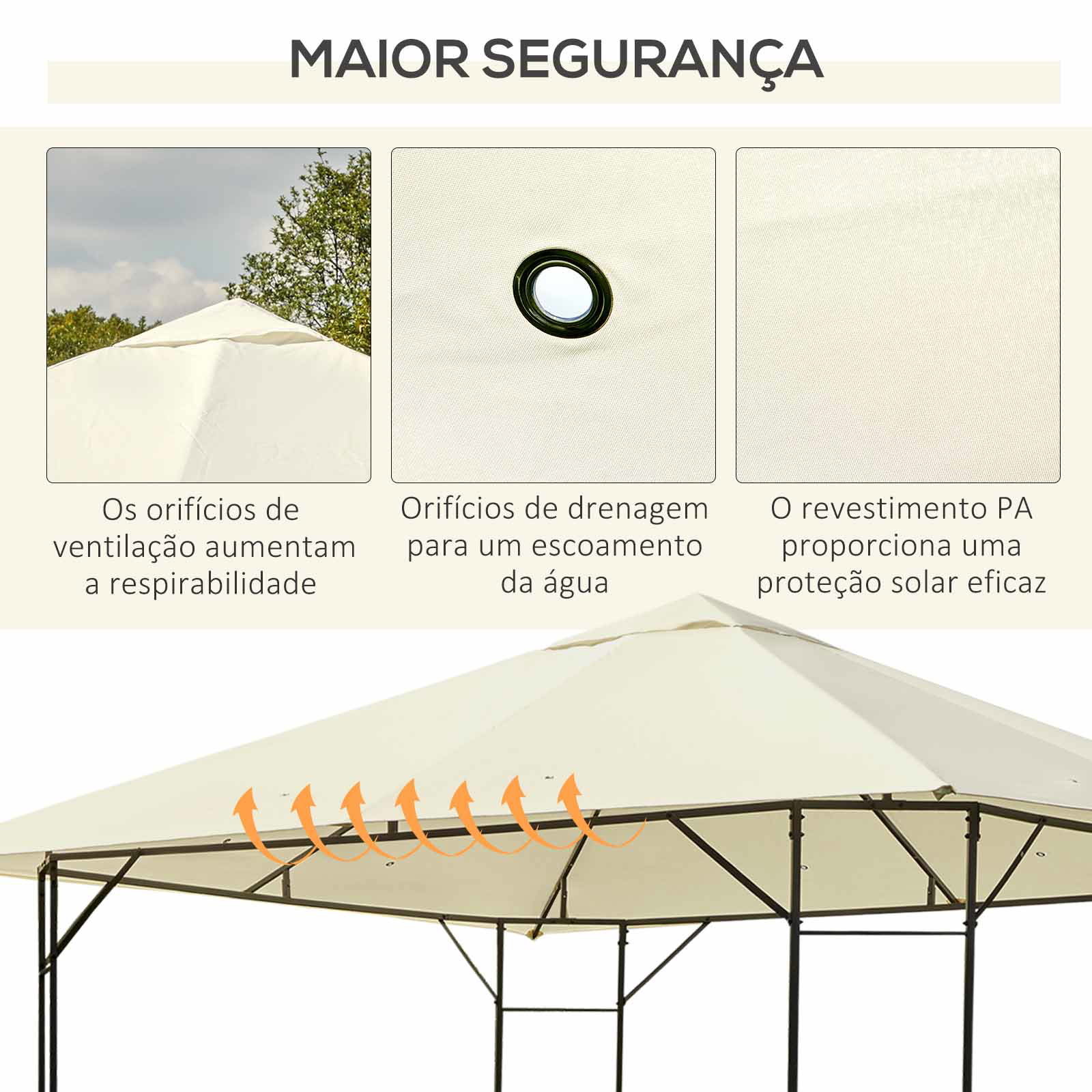 Pérgola de jardim 3x3x2,6m pérgola de exterior com estrutura de aço e toldo com proteção UV 300x300x260 cm creme
