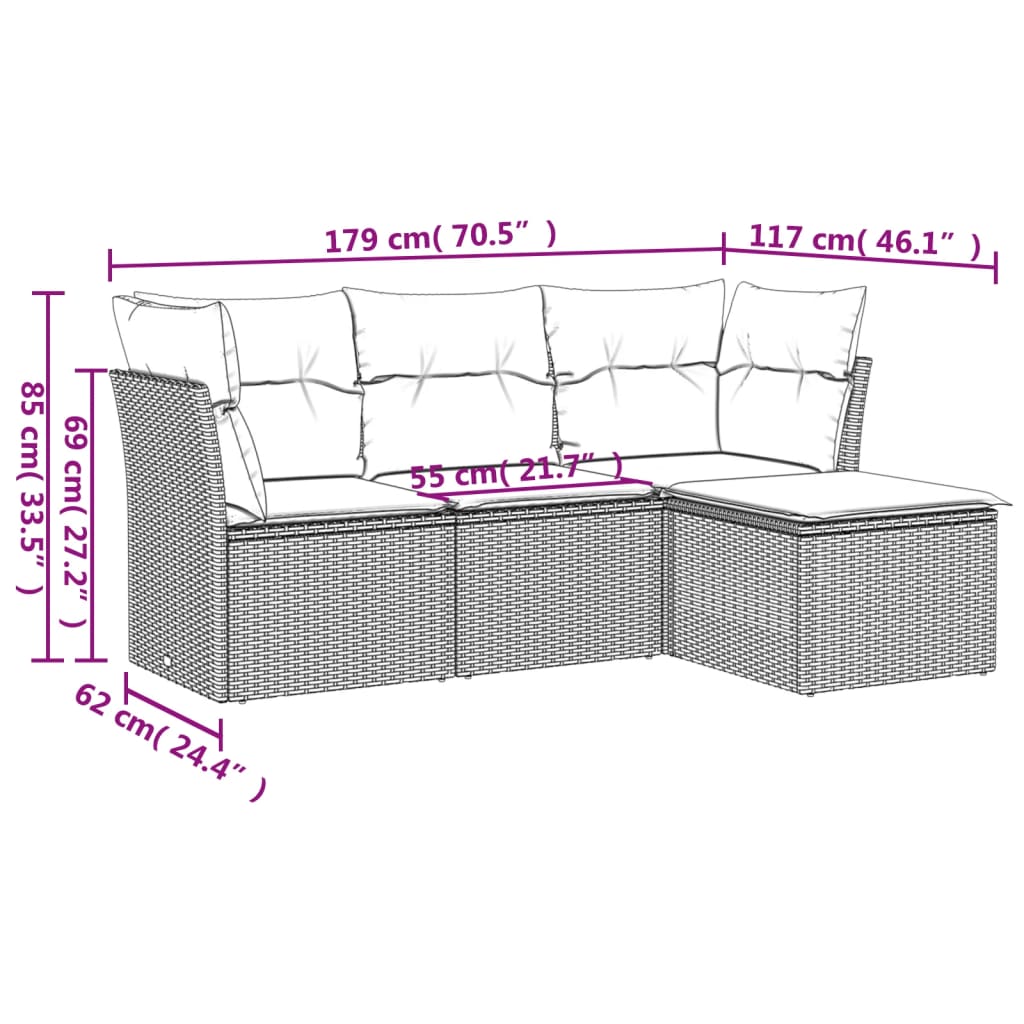 4 Pcs conjunto de sofás para jardim c/ almofadões vime PE bege
