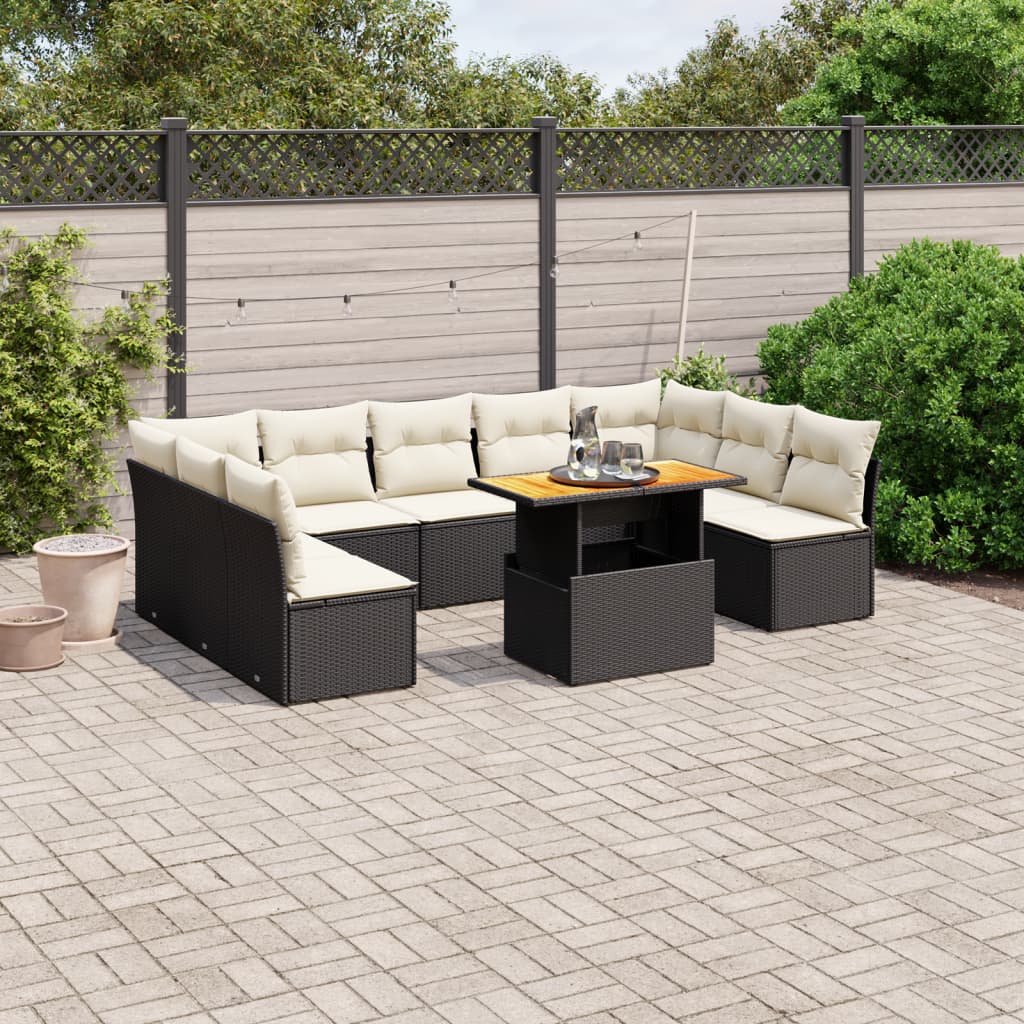 10 Pcs conjunto sofás de jardim c/ almofadões vime PE preto