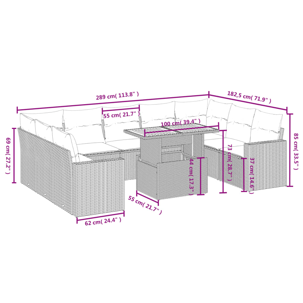 10 Pcs conjunto sofás de jardim c/ almofadões vime PE preto