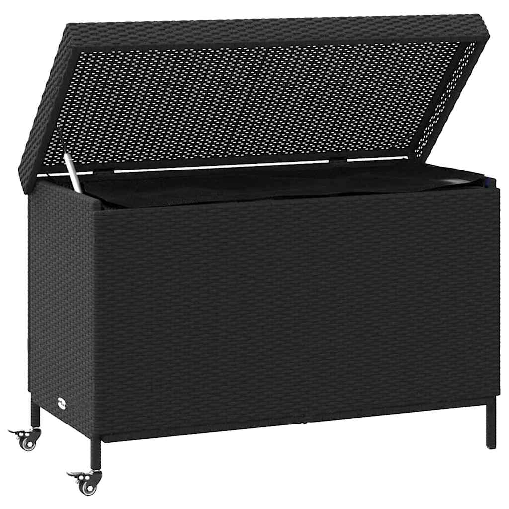 Caixa de arrumação jardim com rodas 110x55x73 cm vime PE preto