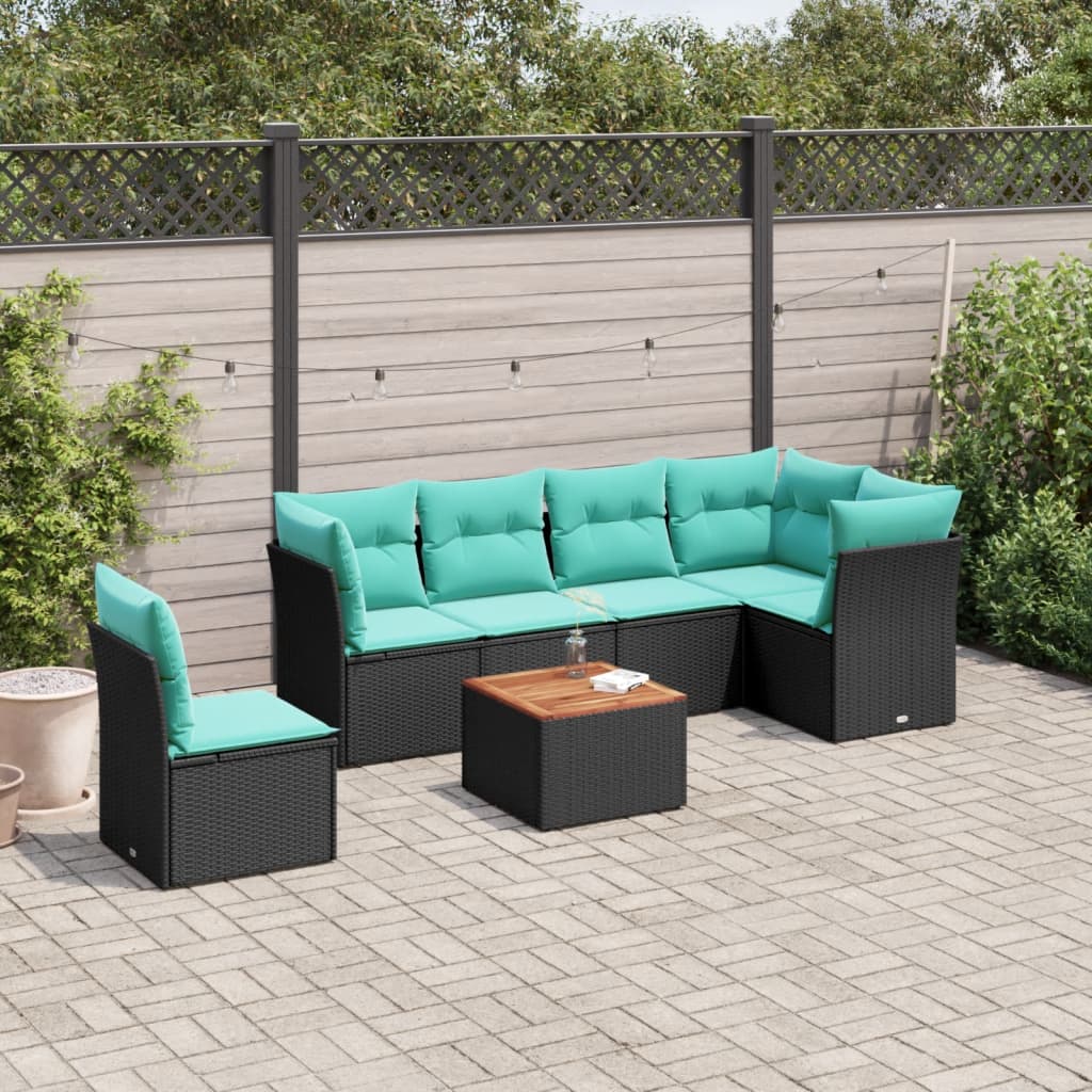 7 Pcs conjunto de sofás p/ jardim c/ almofadões vime PE preto