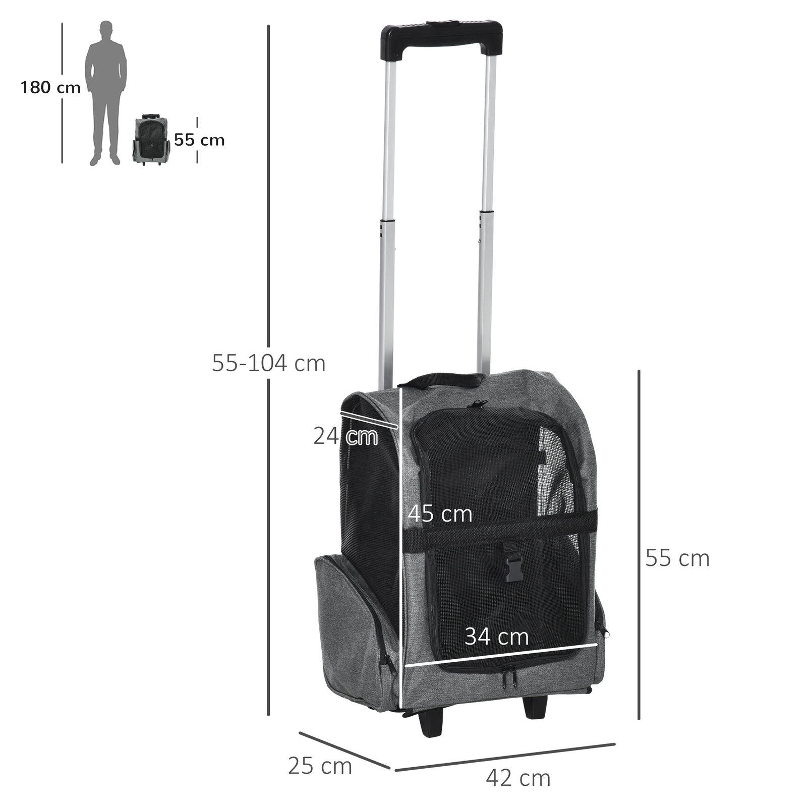 Transportadora Carrinho para Animais de Estimação 2 em 1 Mochila de Viagem com 2 Rodas para Cães Gatos com Alça Retrátil de Alum