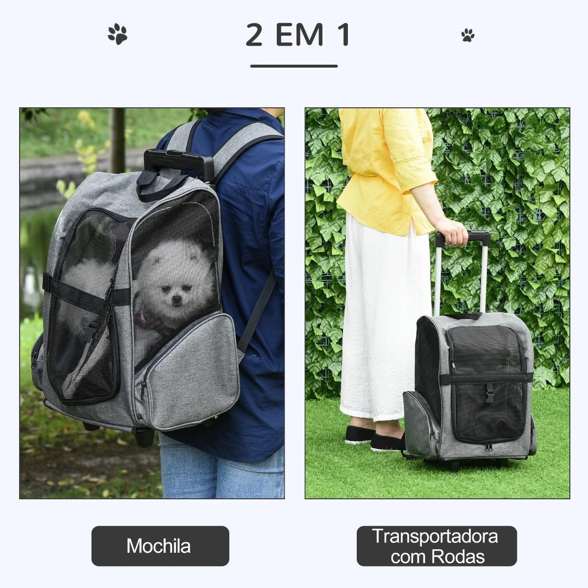 Transportadora Carrinho para Animais de Estimação 2 em 1 Mochila de Viagem com 2 Rodas para Cães Gatos com Alça Retrátil de Alum