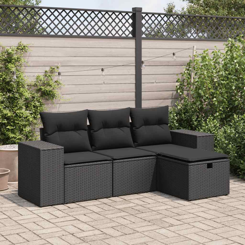 4 Pcs conjunto de sofás para jardim c/ almofadões vime PE preto
