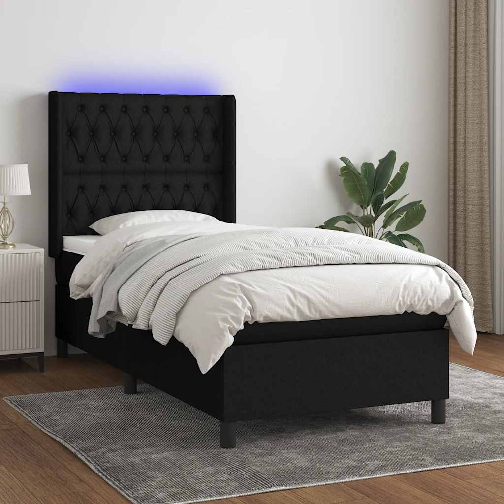 Cama box spring c/ colchão e LED 90x200 cm tecido preto