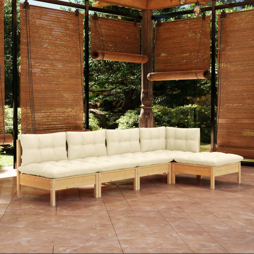 5 Pcs conjunto lounge jardim c/ almofadões cor creme pinho