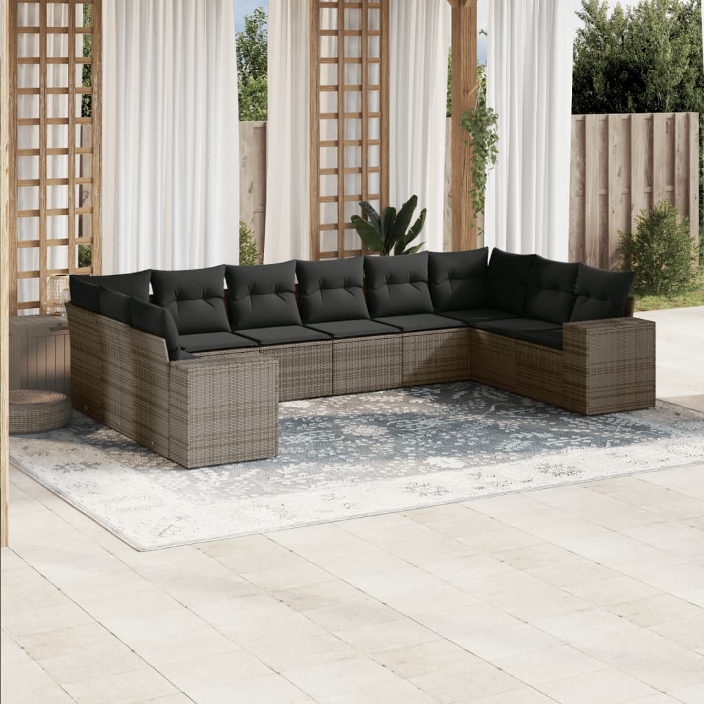10 Pcs conjunto sofás de jardim c/ almofadões vime PE cinzento