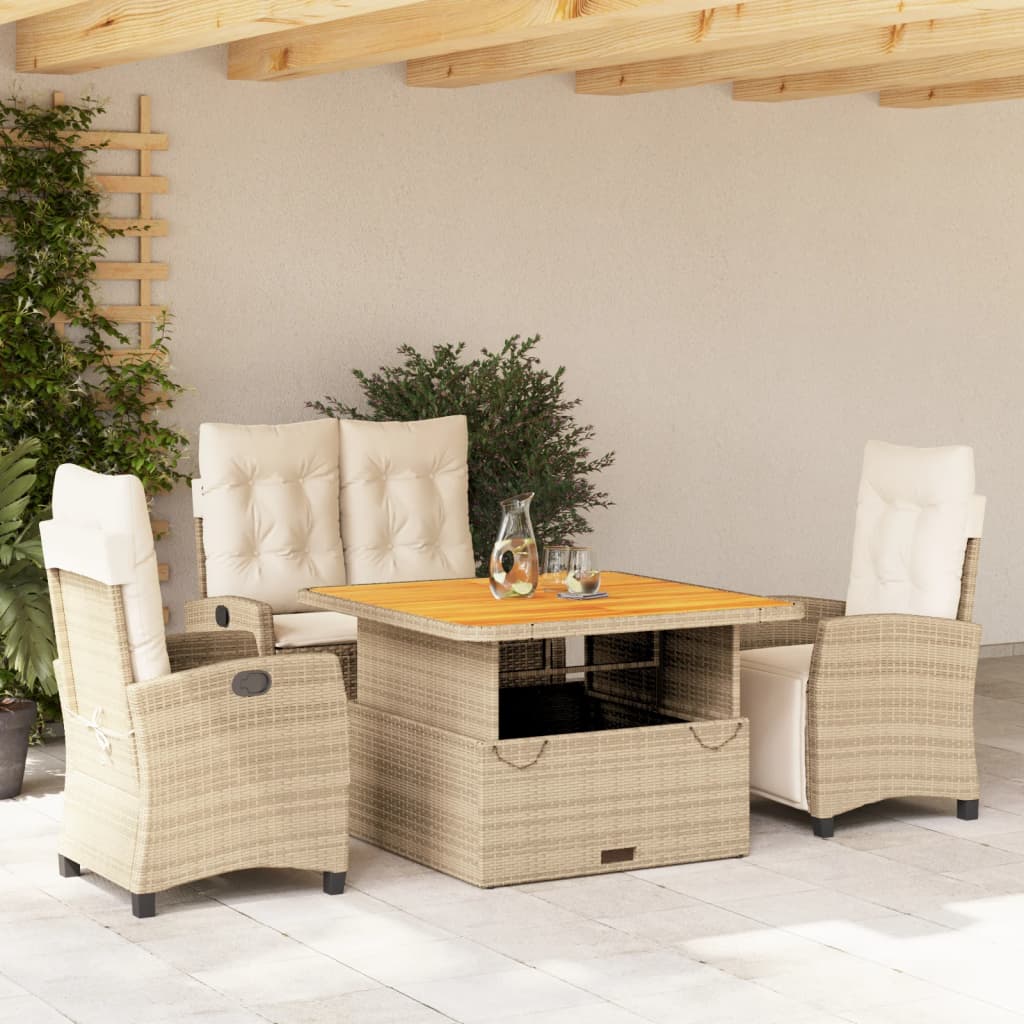 4 Pcs conjunto de jantar p/ jardim c/ almofadões vime PE bege