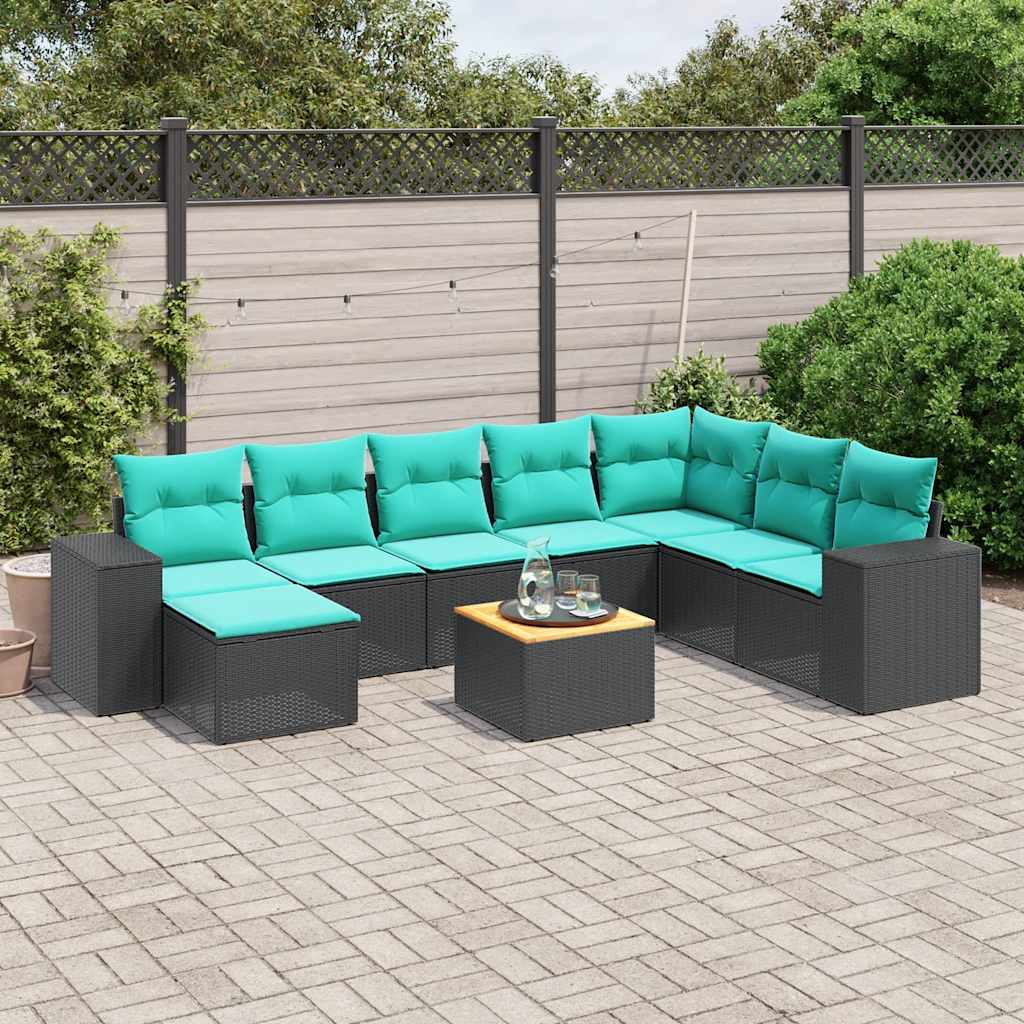 Conjunto de sofá de jardim de 9 peças com almofadas em rattan sintético preto
