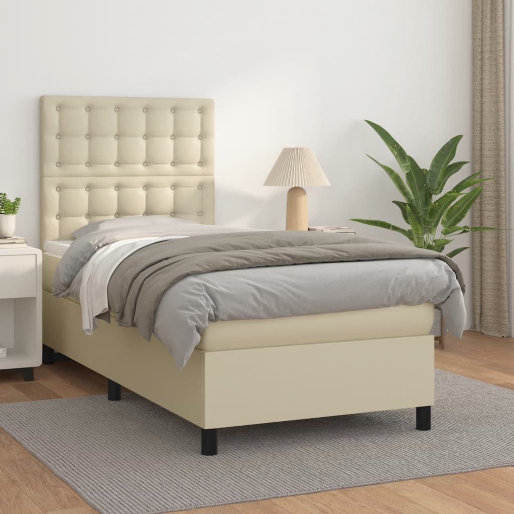 Cama com molas/colchão 90x200 cm couro artificial cor creme