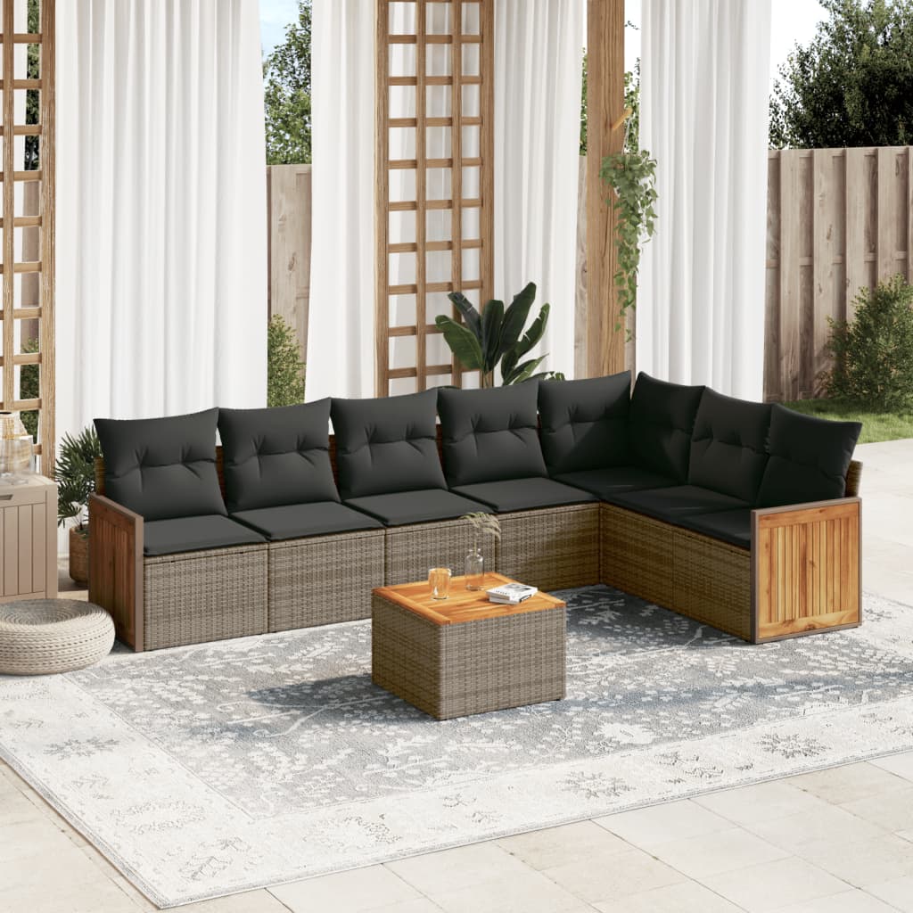 8 Pcs conjunto sofás de jardim c/ almofadões vime PE cinzento