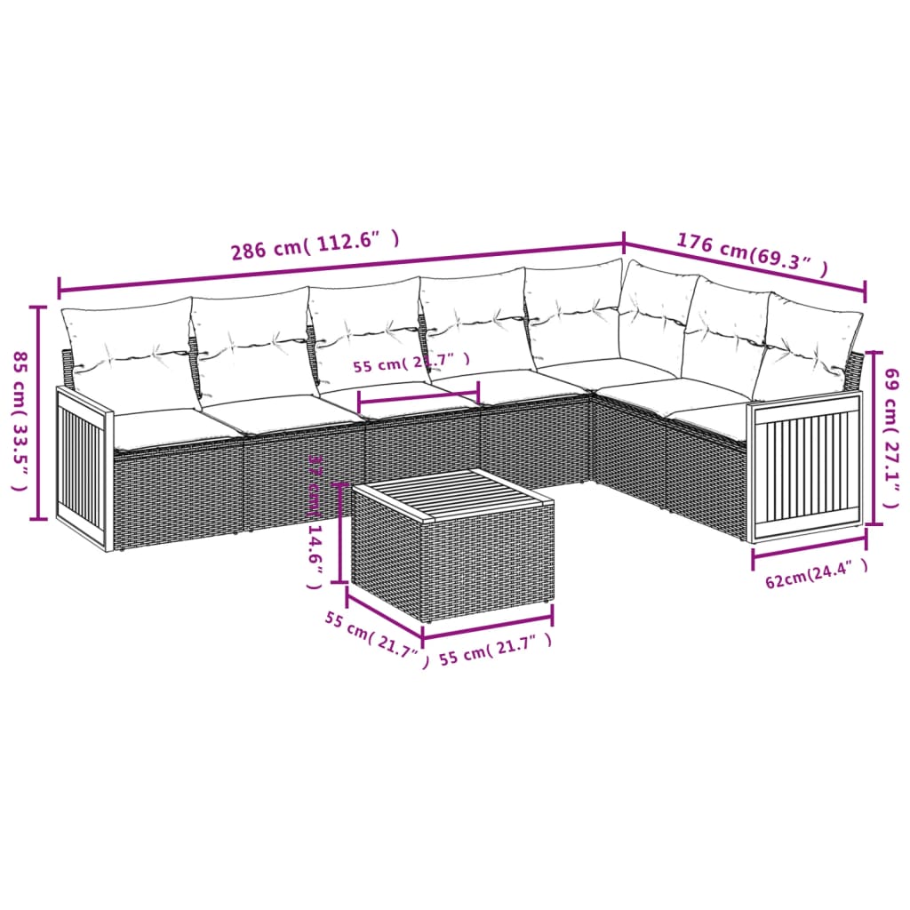 8 Pcs conjunto sofás de jardim c/ almofadões vime PE cinzento