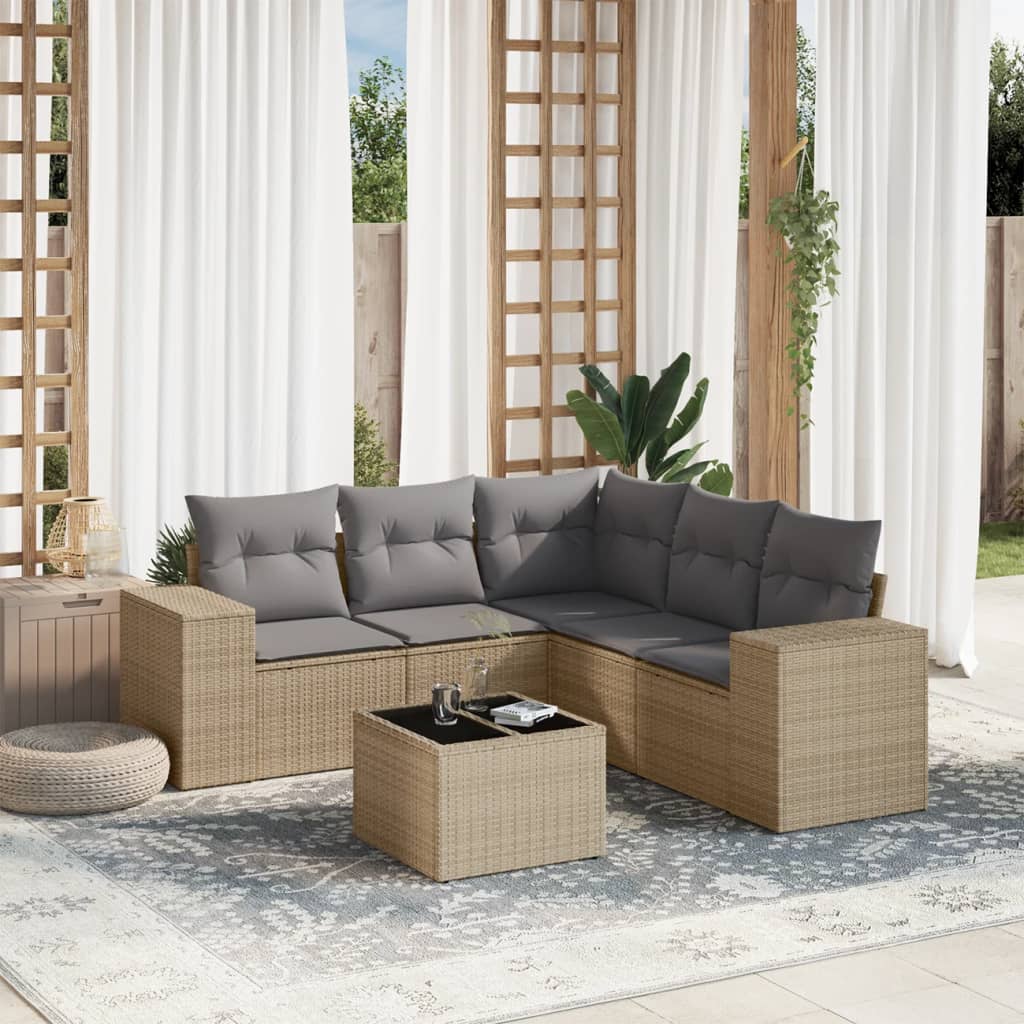6 Pcs conjunto de sofás p/ jardim com almofadões vime PE bege