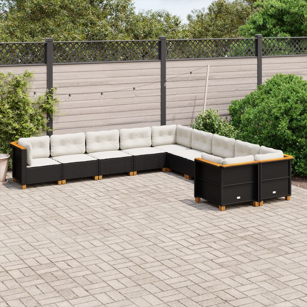 10 Pcs conjunto sofás de jardim c/ almofadões vime PE preto