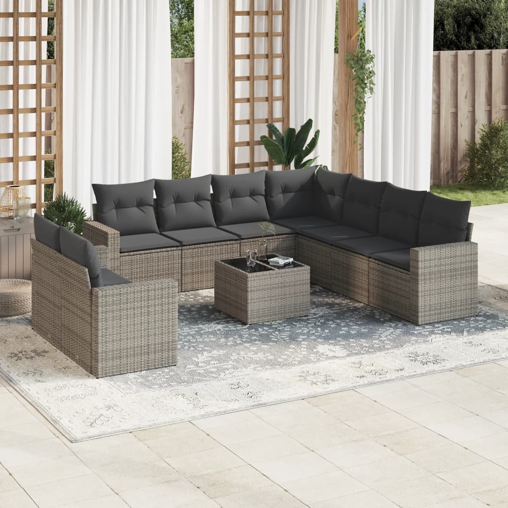 10 Pcs conjunto sofás de jardim c/ almofadões vime PE cinzento