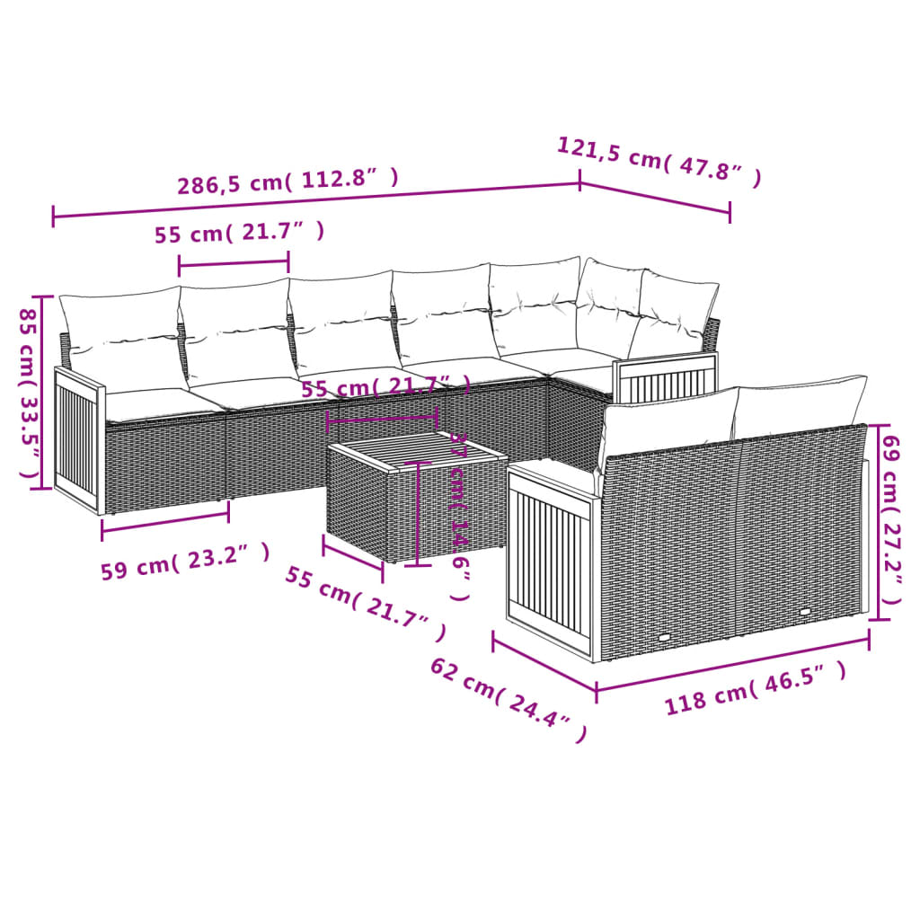9 Pcs conjunto de sofás p/ jardim c/ almofadões vime PE preto