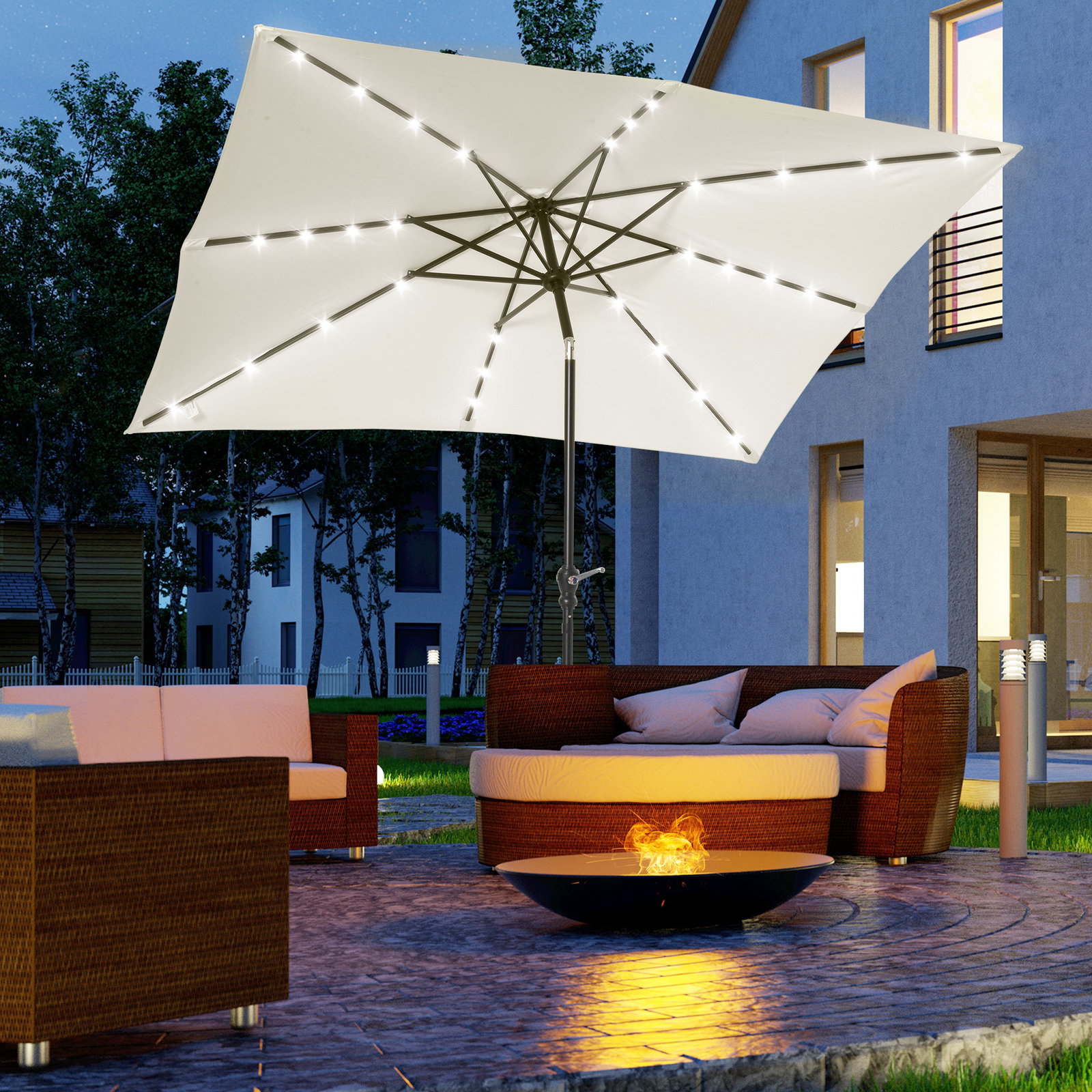 Chapéu de sol com luzes LED 268x205x248 cm chapéu de sol de jardim inclinável até 45° e abertura a manivela creme