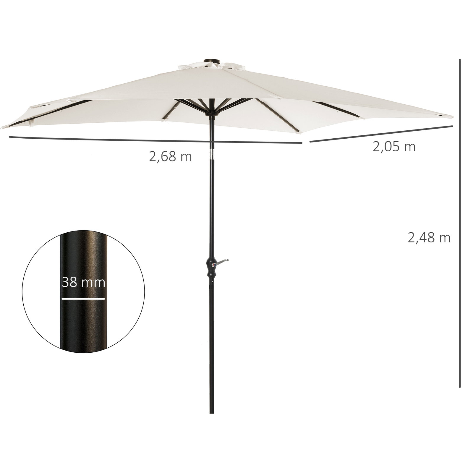 Chapéu de sol com luzes LED 268x205x248 cm chapéu de sol de jardim inclinável até 45° e abertura a manivela creme
