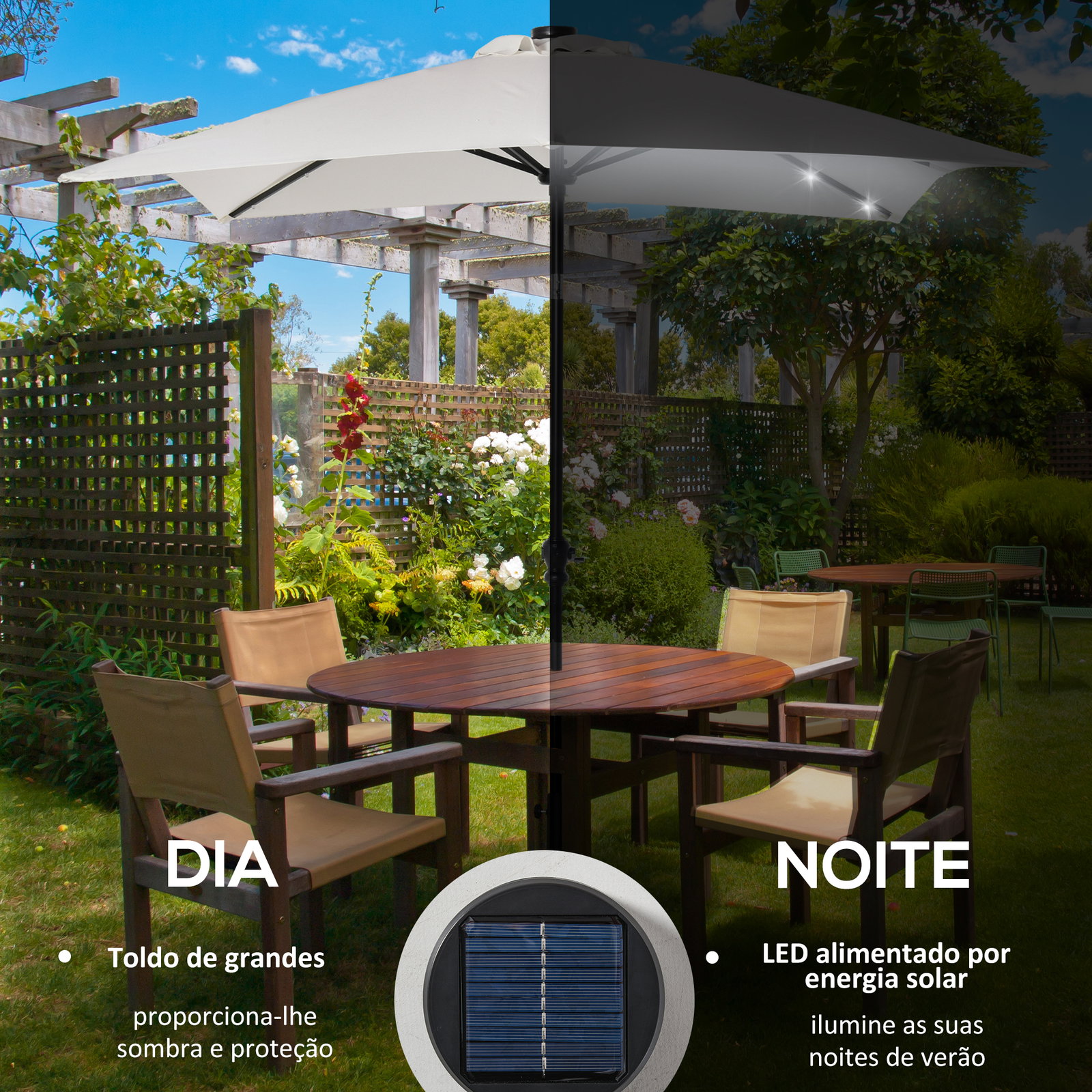 Chapéu de sol com luzes LED 268x205x248 cm chapéu de sol de jardim inclinável até 45° e abertura a manivela creme